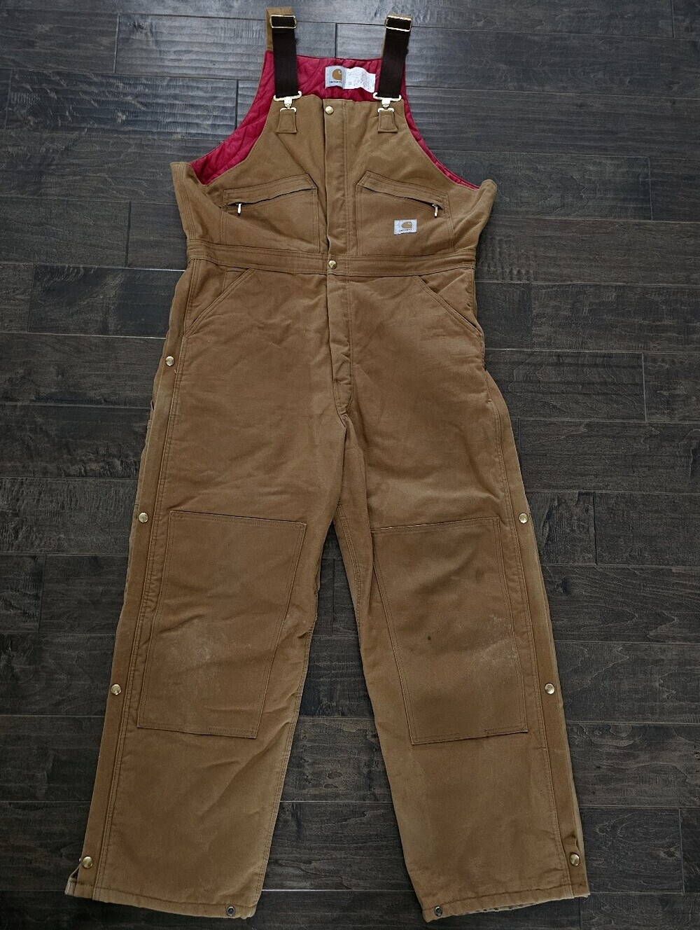 VINTAGE Beautiful Carhartt Brown Duck Bib Overalls with Red Lining Sz 40 X 30